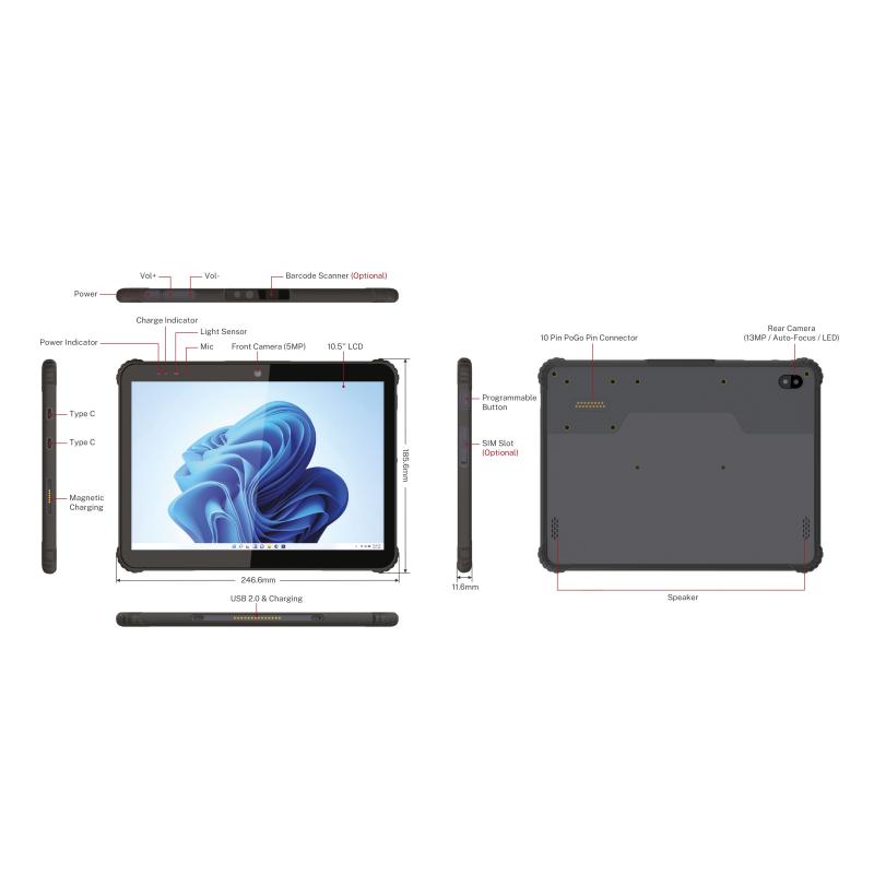 MW-100 Rugged Tablet, 10.5" Industrie Tablet, IP66, Intel Alder Lake N200,